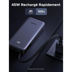 Uvert nexode 45w batterie externe 20000mah câble usb c intégré power bank portable charge rapide 2 ports pd écran led compatible