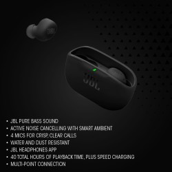Jbl wave buds 2, écouteurs sans fil bleutooth, 40 h d'autonomie, son pure bass, technologie smart ambient, résistance à l'eau et