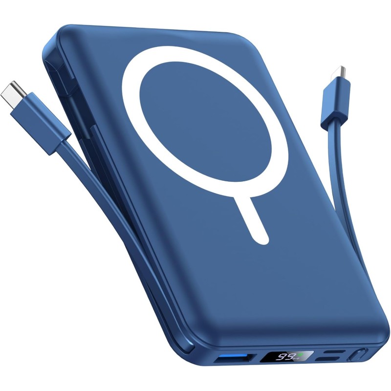 Batterie Externe iPhone Magnétique, Compatible avec MagSafe 10000mAh sans Fil Power Bank Charge Rapide avec 2 Câbles Intégrés Af