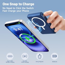 Batterie Externe iPhone Magnétique, Compatible avec MagSafe 10000mAh sans Fil Power Bank Charge Rapide avec 2 Câbles Intégrés Af