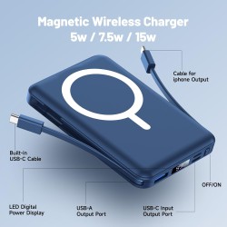 Batterie Externe iPhone Magnétique, Compatible avec MagSafe 10000mAh sans Fil Power Bank Charge Rapide avec 2 Câbles Intégrés Af