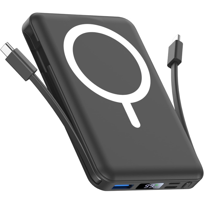Batterie Externe iPhone Magnétique, Compatible avec MagSafe 10000mAh sans Fil Power Bank Charge Rapide avec 2 Câbles Intégrés Af