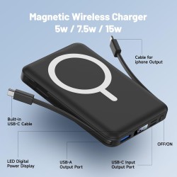 Batterie Externe iPhone Magnétique, Compatible avec MagSafe 10000mAh sans Fil Power Bank Charge Rapide avec 2 Câbles Intégrés Af