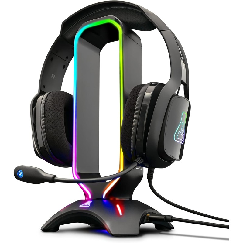 The G-Lab K-Stand Radon Support pour Casque/Micro-Casque Gaming - Rétro-éclairage RGB, Hub USB 2 x 2.0, Base antidérapante - Sup