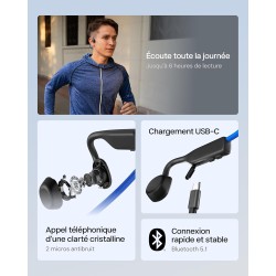 Shokz openmove casque à conduction osseuse, écouteurs bleutooth oreilles libres pour le sport avec micro, casque sans fil étanch