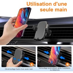 GRIFEMA Support Téléphone Voiture Grille d'Aération à Fixation Automatique, Rotation 360°, Utilisation à Une Main, Compatible Sm