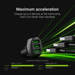 Vert cell powerride 54w chargeur de voiture usb 3 ports, allume-cigare ultra charge compatible avec iphone 13 12 11 xs x se sams