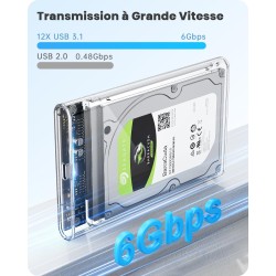 POSUGEAR Boitier Disque dur 2,5", 6Gbps USB C 3.1 Gen 2 Boitier Externe Disque pour SATA HDD et SSD de 2,5'' et 7/9.5mm, Boitier