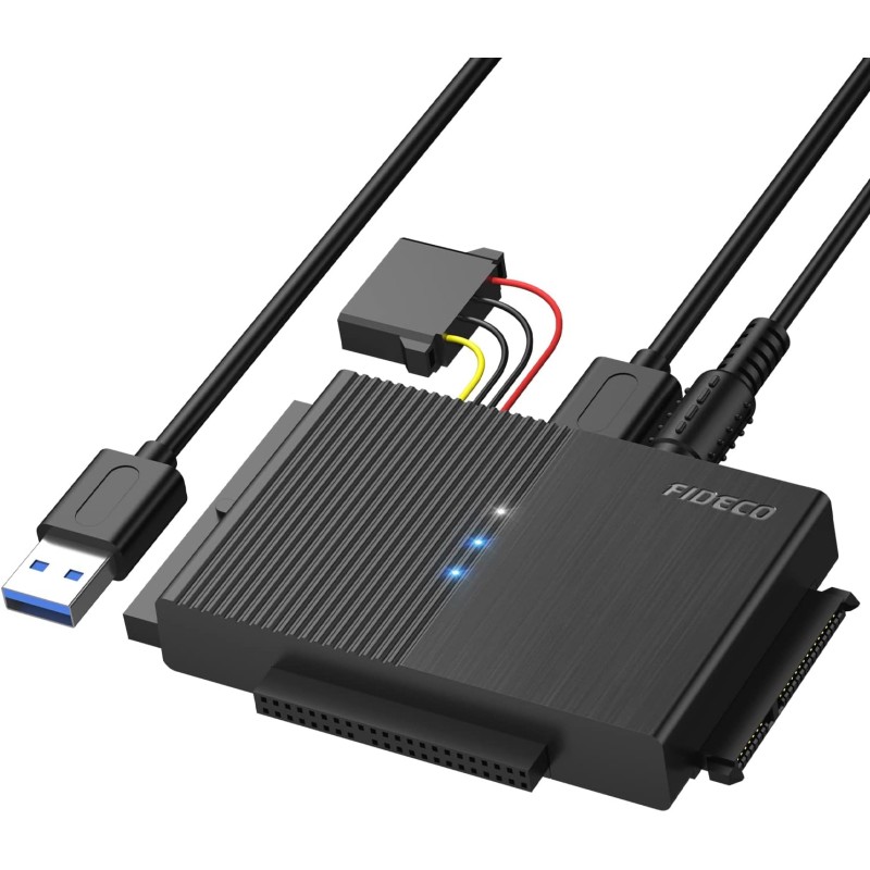 FIDECO IDE et SATA Adaptateur, Adaptateur Disque Dur USB 3.0 IDE SATA pour 2.5"/ 3.5" HDD/SSD, Convertisseur Alimentation DC 12V