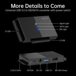 FIDECO IDE et SATA Adaptateur, Adaptateur Disque Dur USB 3.0 IDE SATA pour 2.5"/ 3.5" HDD/SSD, Convertisseur Alimentation DC 12V