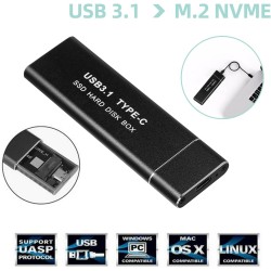 Abauoat Boîtier M.2 SSD NVME,USB Adaptateur Externe USB3.1 Gen2 USB-C Boîtier Disque Dur pour M.2 PCIe NVME M-Key 2230/2242/2260
