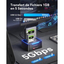 POSUGEAR Dock Disque Durs, USB3.0 Station d'accueil Disque Dur pour 2,5 et 3,5 Pouces SATA HDD/SSD Jusqu'à 40 to, Fonction clona