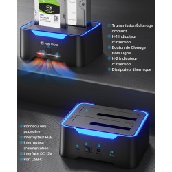 POSUGEAR Dock Disque Durs, USB3.0 Station d'accueil Disque Dur pour 2,5 et 3,5 Pouces SATA HDD/SSD Jusqu'à 40 to, Fonction clona