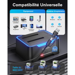 POSUGEAR Dock Disque Durs, USB3.0 Station d'accueil Disque Dur pour 2,5 et 3,5 Pouces SATA HDD/SSD Jusqu'à 40 to, Fonction clona