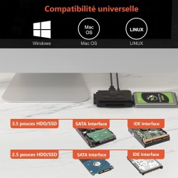 Alxum Adaptateur USB 3.0 vers IDE/SATA Disque Dur, Adaptateur Disque Dur IDE pour 2.5/ 3.5 Pouces SATA HDD/SSD avec Alimentation