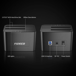 FIDECO HDD Docking Station, Station d'accueil pour Disque Dur USB3.0 pour 2,5 et 3,5 Pouces SATA HDD/SSD, Double Baie, Prise en 