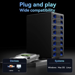 Boîtier Disque Dur 8 Baies avec Ventilateur pour 2.5/3.5" SATA HDD/SSD avec USB A/C 3.0, Supporte l'échange à Chaud, l'extension
