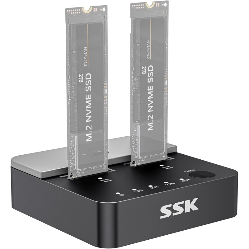 SSK M.2 NVMe Clone SSD Station d’Accueil, 20 Gbit/s Dual-Bay Boîtier SSD NVME USB3.2 Gen2X2 M.2 Duplicateur sans Outil pour clé 
