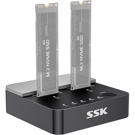 SSK M.2 NVMe Clone SSD Station d’Accueil, 20 Gbit/s Dual-Bay Boîtier SSD NVME USB3.2 Gen2X2 M.2 Duplicateur sans Outil pour clé 