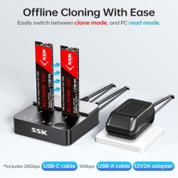 SSK M.2 NVMe Clone SSD Station d’Accueil, 20 Gbit/s Dual-Bay Boîtier SSD NVME USB3.2 Gen2X2 M.2 Duplicateur sans Outil pour clé 