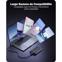 POSUGEAR Boitier Disque Dur 2.5 Pouces, USB 3.0 Boitier Externe Disque 5Gbps pour SATA HDD et SSD de 2,5'' et 7 mm/9.5 mm, Boiti