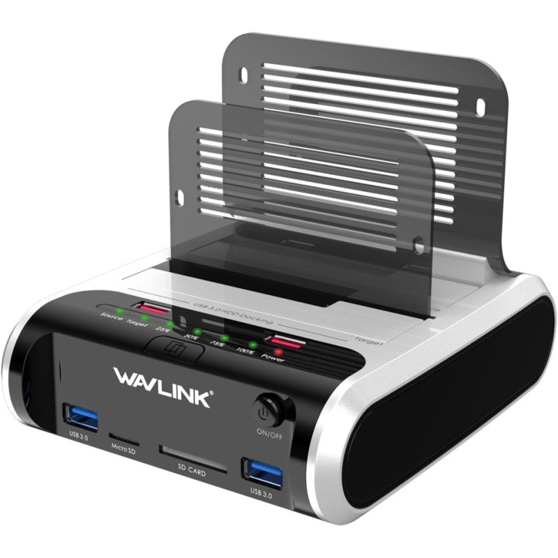 WAVLINK Station d'accueil pour Disque Dur USB pour SSD HDD SATA 2,5 ou 3,5 Pouces, Fonction de clonage Hors Ligne, Lecteur de Ca