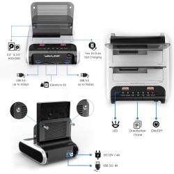 WAVLINK Station d'accueil pour Disque Dur USB pour SSD HDD SATA 2,5 ou 3,5 Pouces, Fonction de clonage Hors Ligne, Lecteur de Ca