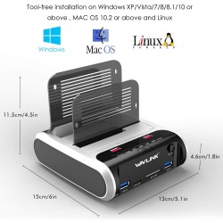 WAVLINK Station d'accueil pour Disque Dur USB pour SSD HDD SATA 2,5 ou 3,5 Pouces, Fonction de clonage Hors Ligne, Lecteur de Ca