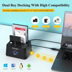 WAVLINK Station d'accueil USB 3.0 vers SATA Double Baie pour Disque Dur SATA 2,5" et 3,5" SATA et SSD, UASP optimisé et Prend en