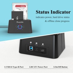 WAVLINK Station d'accueil USB 3.0 vers SATA Double Baie pour Disque Dur SATA 2,5" et 3,5" SATA et SSD, UASP optimisé et Prend en