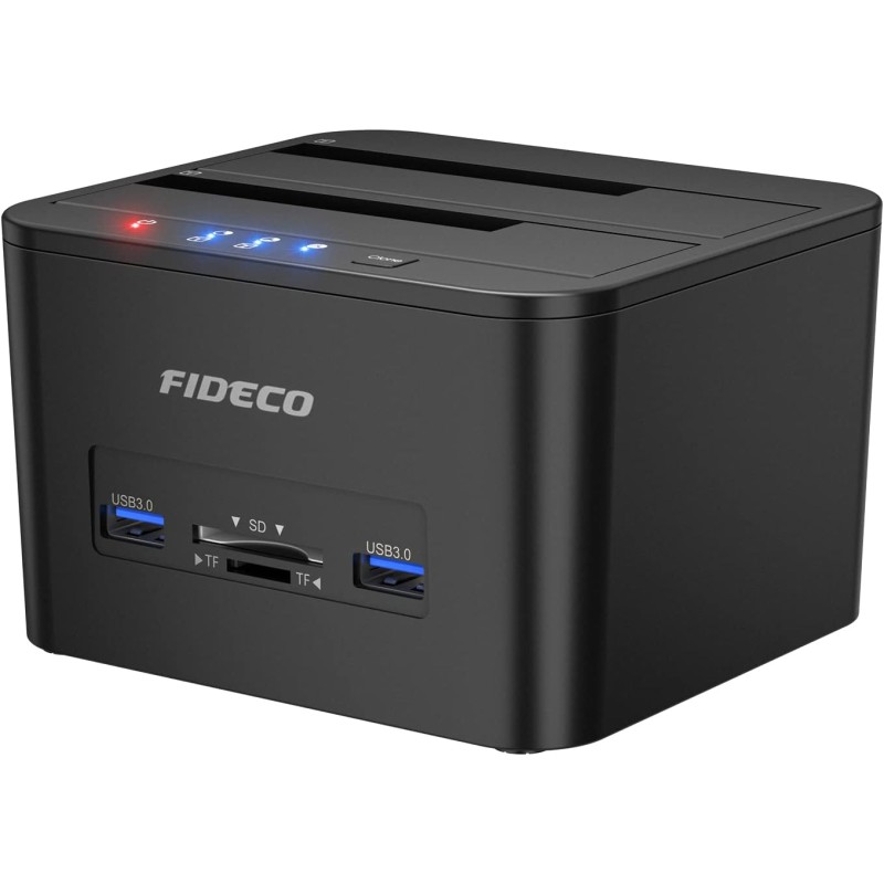 Docking Station, FIDECO Station d'accueil pour 2 Disques Durs SATA USB 3.0 Fonction Clonage Disque Dur 2,5 Pouces et 3,5 Pouces 