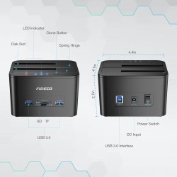 Docking Station, FIDECO Station d'accueil pour 2 Disques Durs SATA USB 3.0 Fonction Clonage Disque Dur 2,5 Pouces et 3,5 Pouces 