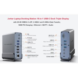 Vertical Docking Station USB-C 3 moniteurs, Station d'accueil 15 en 1 Triple écran avec 2 HDMI 4K et 1 DP, 10Gbit/s USB C USB-A 