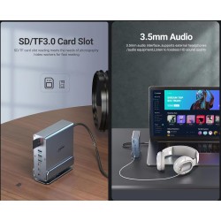 Vertical Docking Station USB-C 3 moniteurs, Station d'accueil 15 en 1 Triple écran avec 2 HDMI 4K et 1 DP, 10Gbit/s USB C USB-A 