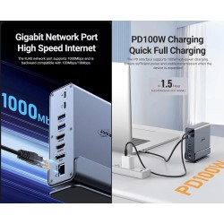 Vertical Docking Station USB-C 3 moniteurs, Station d'accueil 15 en 1 Triple écran avec 2 HDMI 4K et 1 DP, 10Gbit/s USB C USB-A 