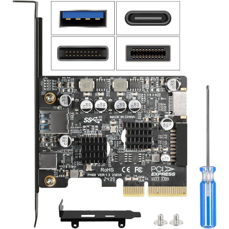 PCIe vers USB C 3.2 Gen 2 Carte d'extension PCI-E 10Gbit/s avec USB-C + Type A + Connecteur Interne 19 Broches + Type E A-Key Ad