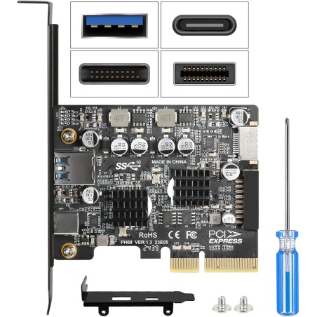 PCIe vers USB C 3.2 Gen 2 Carte d'extension PCI-E 10Gbit/s avec USB-C + Type A + Connecteur Interne 19 Broches + Type E A-Key Ad