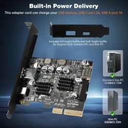 PCIe vers USB C 3.2 Gen 2 Carte d'extension PCI-E 10Gbit/s avec USB-C + Type A + Connecteur Interne 19 Broches + Type E A-Key Ad