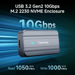 fanxiang Boîtier SSD M.2 NVMe, boîtier SSD M.2 USB 3.2 Gen2 10 Gbps, 2230 PCIe NVMe (M/B+M Key) jusqu'à 2 to, Alliage d'aluminiu