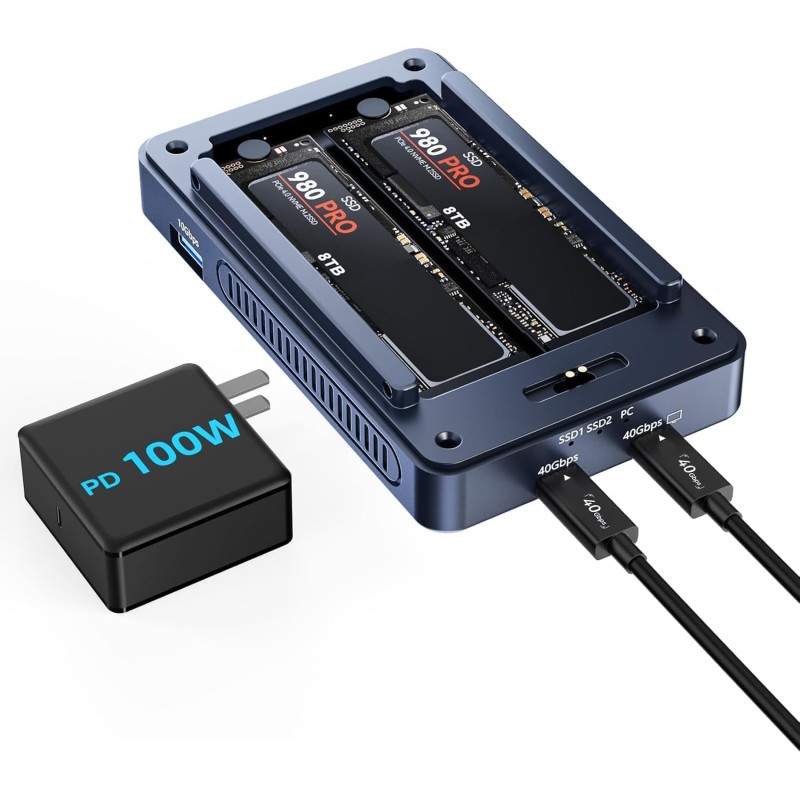 ACASIS 40Gbps M.2 NVMe SSD Enclosure, Cooling Fan, Compatible USB 4.0, Support SSD B+M M-Key, Dual-Bay Enclosure Dual Monitor Su