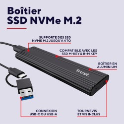 Trust Boîtier SSD M2 NVMe USB-C 10Gbps, Adaptateur pour Disque SSD Externe 4 to, Supporte 2230 2242 2260 2280 FAT32/NTFS/EXT4/ex