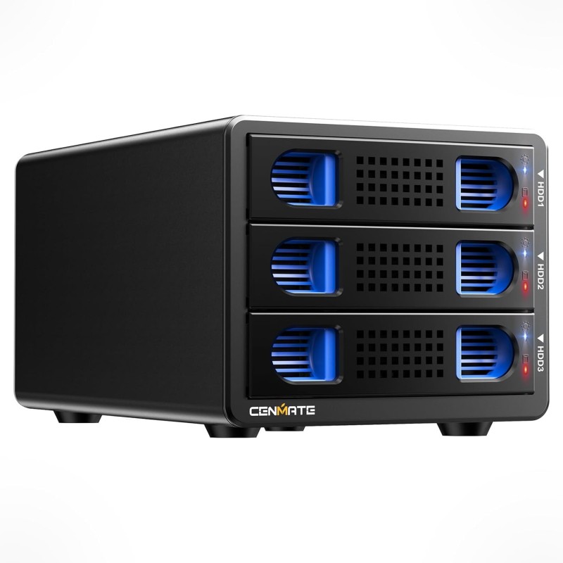 Boîtier Disque Dur, 10Gbps Boîtier HDD 3 Baies Aluminium avec Ventilateur pour 2,5/3,5 SATA HDD/SSD avec USB A/C 3.2, Support Ho