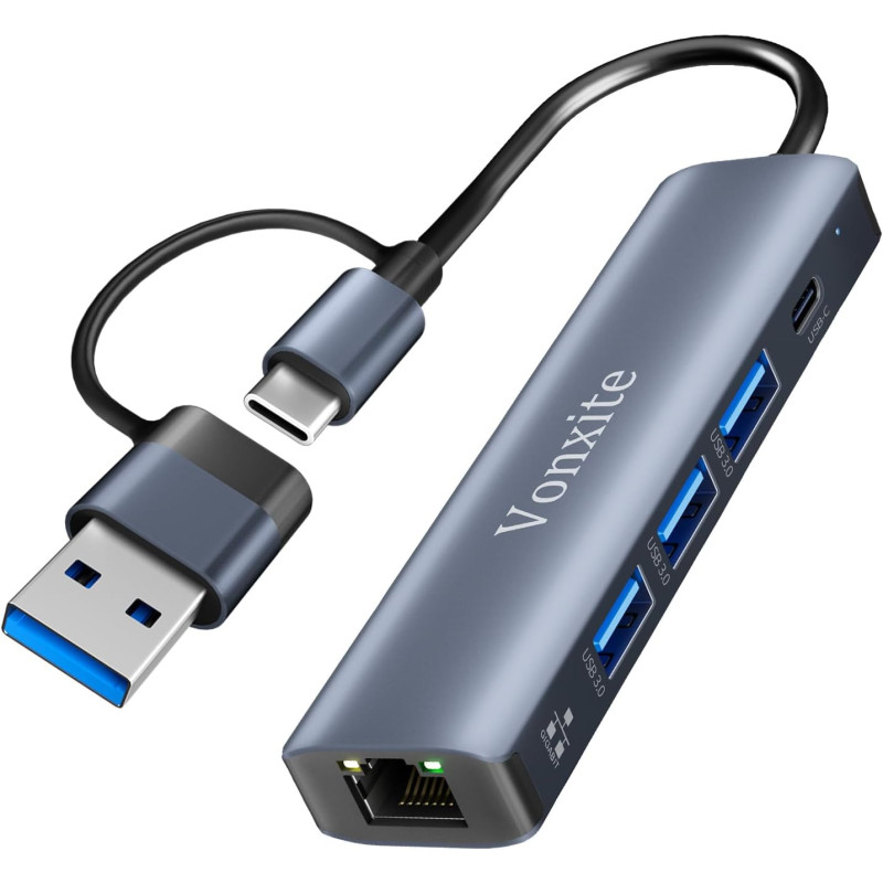 Adaptateur USB Ethernet, 5 en 1 Adaptateur Type-C vers Ethernet RJ45 Gigabit 1000 Mbps, HUB Type-C LAN avec 3 Ports USB 3.0 et 1