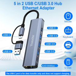 Adaptateur USB Ethernet, 5 en 1 Adaptateur Type-C vers Ethernet RJ45 Gigabit 1000 Mbps, HUB Type-C LAN avec 3 Ports USB 3.0 et 1