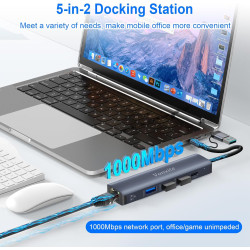 Adaptateur USB Ethernet, 5 en 1 Adaptateur Type-C vers Ethernet RJ45 Gigabit 1000 Mbps, HUB Type-C LAN avec 3 Ports USB 3.0 et 1