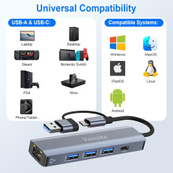 Adaptateur USB Ethernet, 5 en 1 Adaptateur Type-C vers Ethernet RJ45 Gigabit 1000 Mbps, HUB Type-C LAN avec 3 Ports USB 3.0 et 1