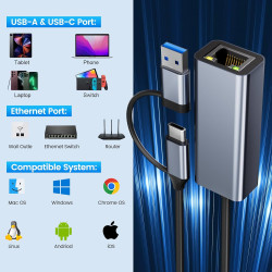 Adaptateur Ethernet USB C,Adaptateur USB Ethernet,1000Mbps 2-en-1 Us b-c ethernet,1Gbps Adap tateur RJ45 u-sb,Thunderbolt vers R