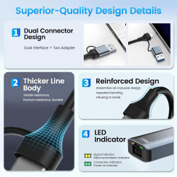 Adaptateur Ethernet USB C,Adaptateur USB Ethernet,2500Mbps 2-en-1 usb-c ethernet,2.5Gbps ADaptateur RJ45 Usb,Thunderbolt vers RJ