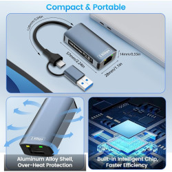 Adaptateur Ethernet USB C,Adaptateur USB Ethernet,2500Mbps 2-en-1 usb-c ethernet,2.5Gbps ADaptateur RJ45 Usb,Thunderbolt vers RJ