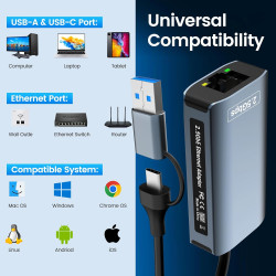 Adaptateur Ethernet USB C,Adaptateur USB Ethernet,2500Mbps 2-en-1 usb-c ethernet,2.5Gbps ADaptateur RJ45 Usb,Thunderbolt vers RJ